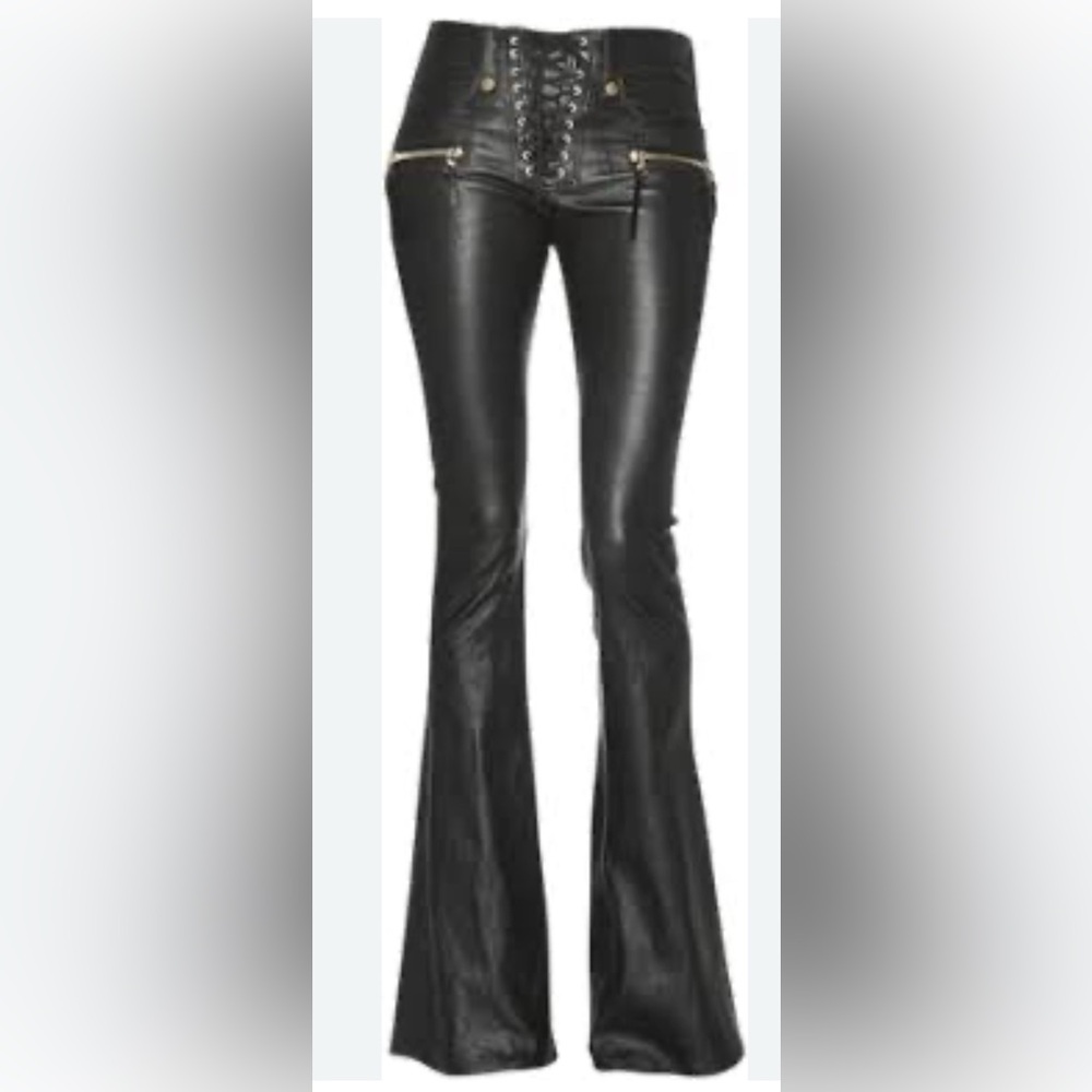 AMAZING! Brand new Jessica Buurman faux leather flare pants with tie fly.